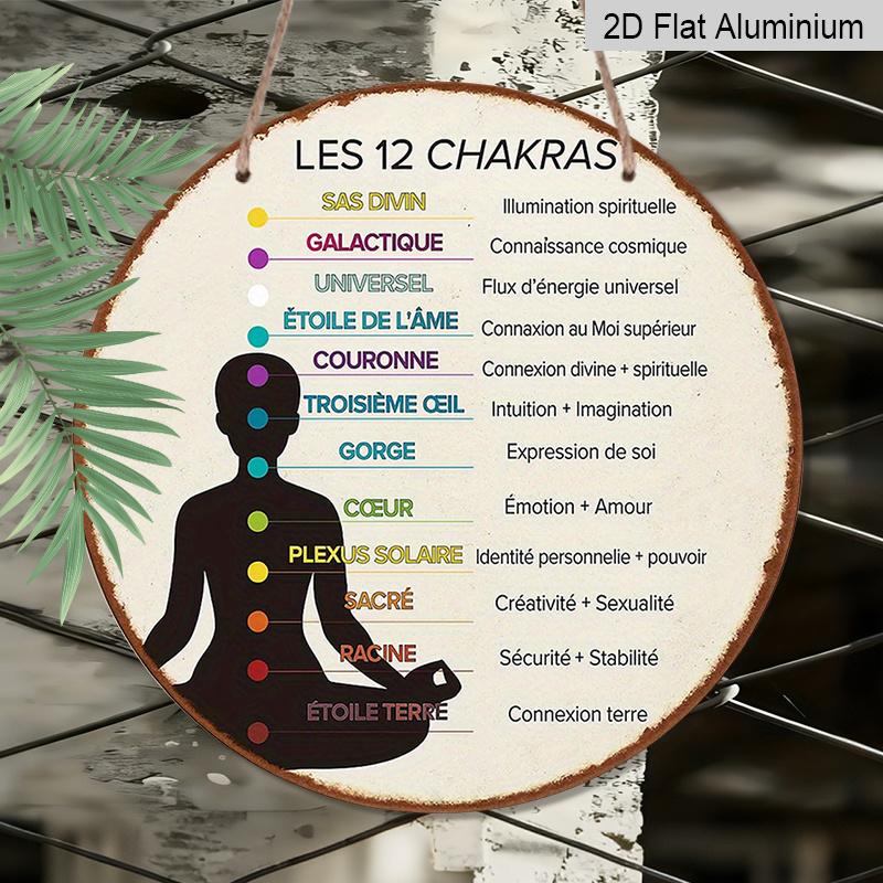 2D Flach, 1 Stück 7,87" Französisches Chakra-Rad (12 Chakren) Meditations Yoga Aluminiumschild, Vintage Spirituelles Schild für, Studio & Meditationsraum Dekoration, Chakra