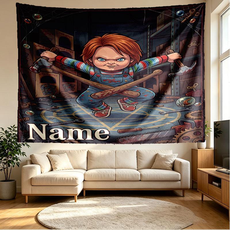 Custom Name Personalized Horror Theme Chucky Print Tapestry, Wall Art Decor, Bedroom, Dorm, Apartment, LivingRoom, Party Backdrop, Gift for Birthday