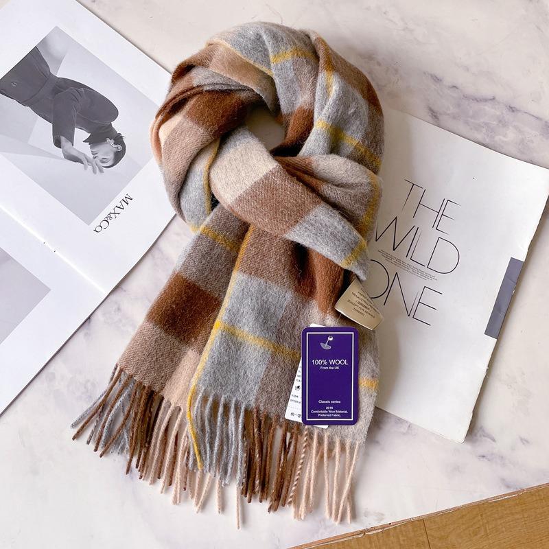 Camel brown 100 pure wool plaid scarf khaki women's winter thickened warm fringed shawl scarf