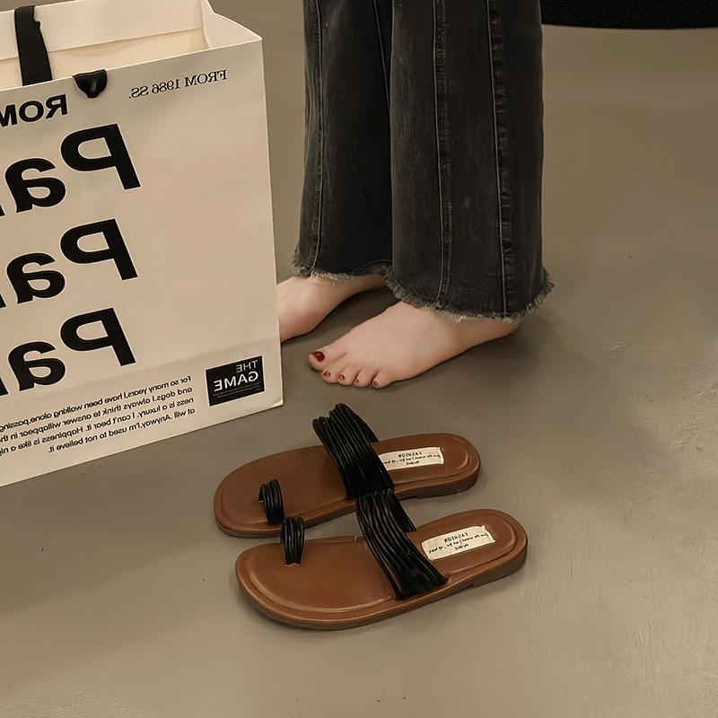 

Женские сандалии в римском стиле, тапочки, модный универсальный дизайн, нескользящие, против запаха, удобные для ношения, плоская пляжная обувь 40 чёрный