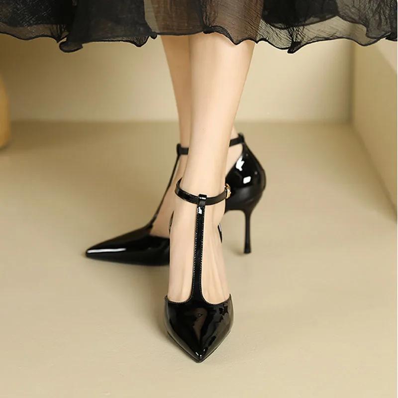 Red High Heels Women Shoes Hollow Pointed Toe Pumps Fashion T-type Ankle Buckle Strap Ladies  New Sexy Party Dress Shoes