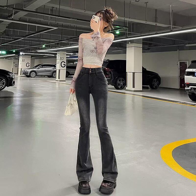 Korean-Style Wide-Leg High-Waisted Flared Jeans for Women, Slimming Distressed Retro Blue Design L серый