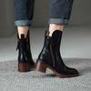 Coarse Brown Short Boots for Women British Style Side Zipper High Heels Polished Retro Round Toe Boots for Women