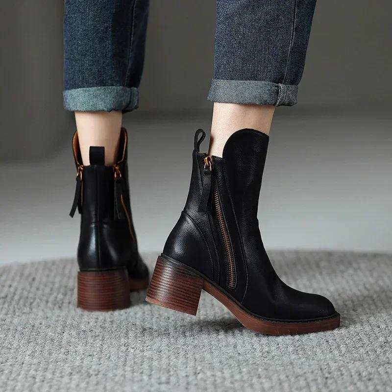 Coarse Brown Short Boots for Women British Style Side Zipper High Heels Polished Retro Round Toe Boots for Women