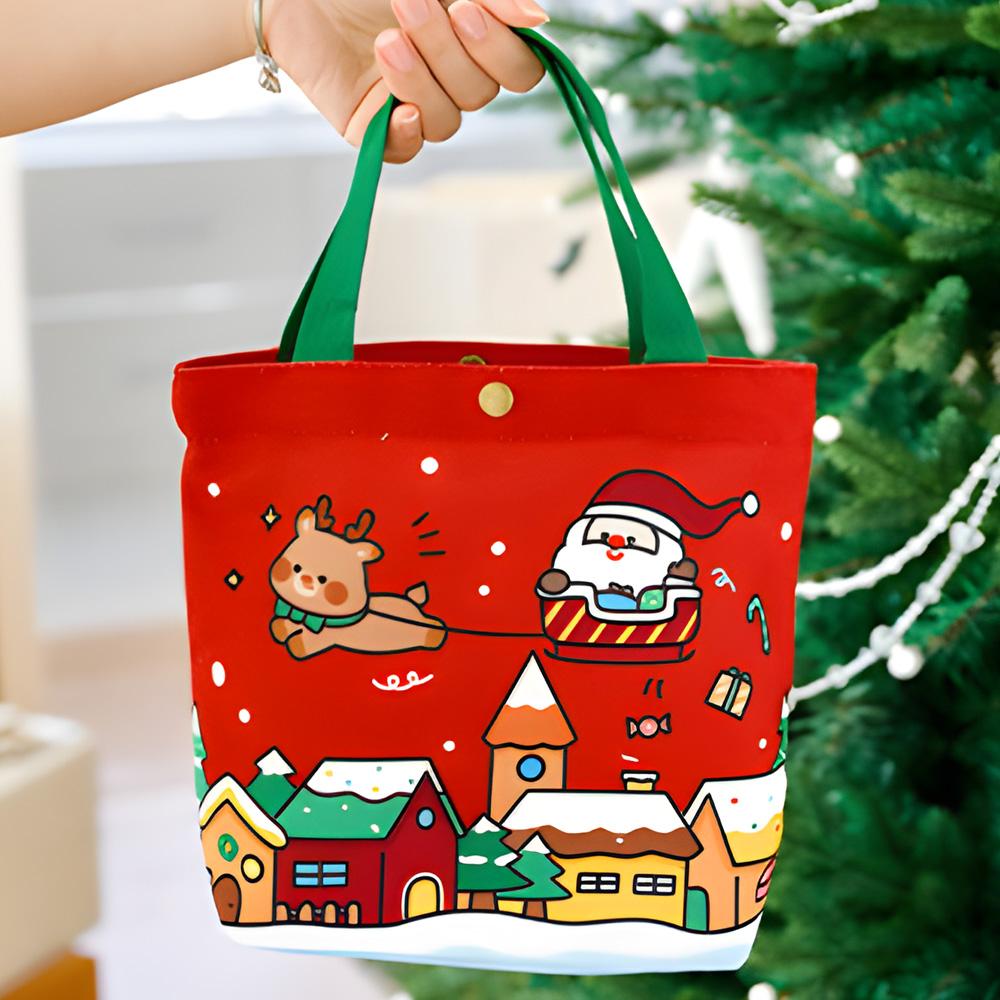 Christmas Gift Bags Reusable Canvas Tote girl & Women, Festive Santa Snowman Pattern with Snap Closure, Shopping, and Daily Use