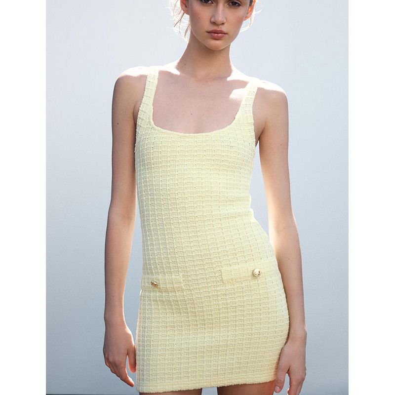 Summer New Product Women's Clothes Romantic Style Fastener Decoration Stretch Crew Neck Wide Shoulder Strap Short Dress 5063343