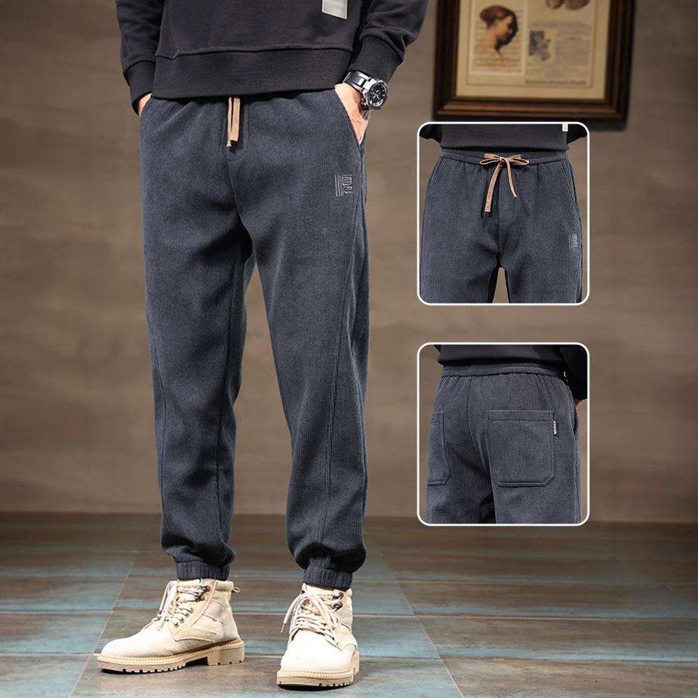 Autumn and Winter Men'S Elastic Drawstring Belt Casual Thickening Warm Pants, Fashionable Plush Lined Casual Pants