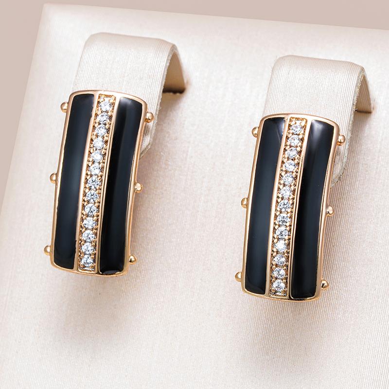 Black Enamel Square Dangle Earrings For Women Rose Gold Color Natural Zircon Accessories High Quality Daily Jewelry