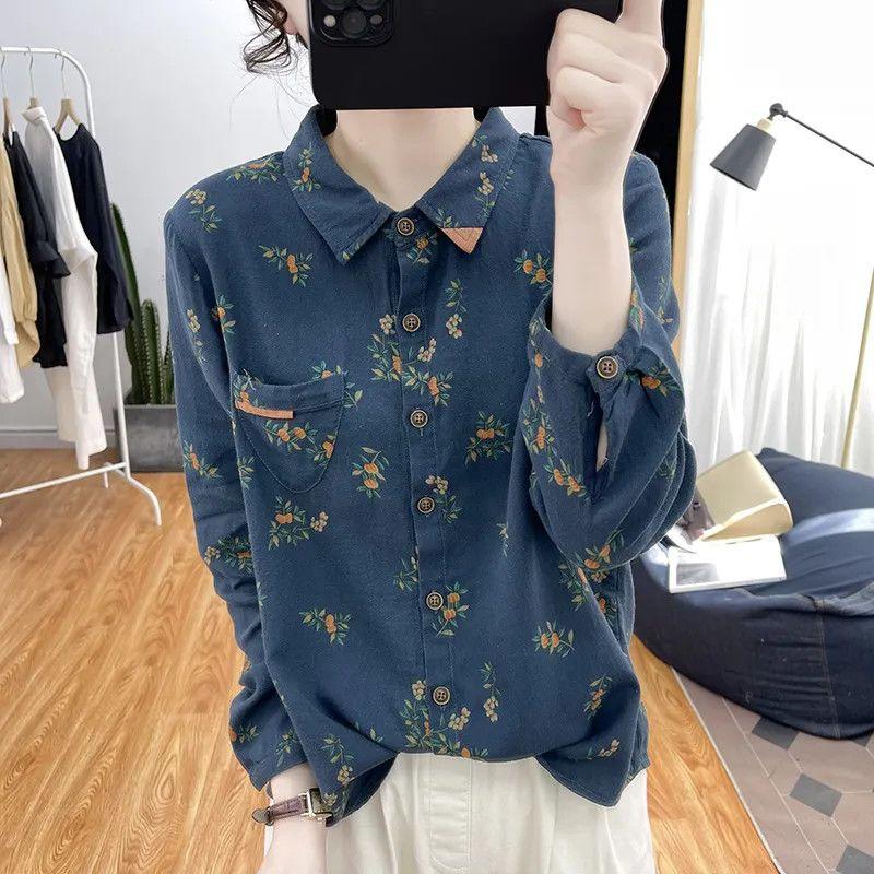 Spring Korean Cotton Linen Floral Long Sleeved Shirt Women's Printed Anti-aging Top Retro Base Shirt