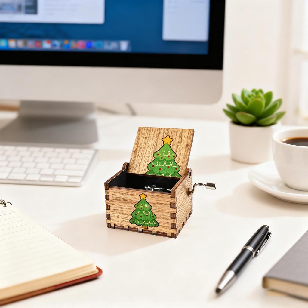 Christmas Music Box Decoration Wood Hand Crank Holiday Decoration Festive Desktop Music Box for Enthusiasts Collectors Home