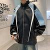 Frühlings- und Herbstfarben-Kombination Lederjacke Herren Stehkragen Amerikanischer Retro-Casual Lokomotiven-Design-Gefühl PU-Lederjacke