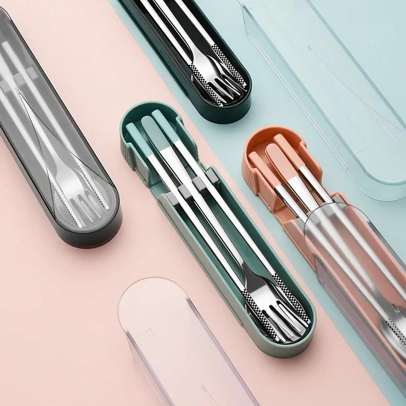 3Pcs 304 Stainless Steel Portable Cutlery Spoon Fork Chopsticks Student Travel Korean Style Portable Cutlery Set Kitchen Supplie