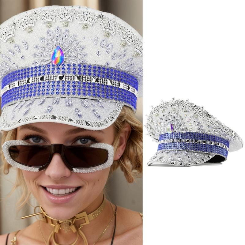 Jeweled Crystal Captain Hat Bride Hat Sailors Hat for Bachelorette Party Headwear Headgear for Club Stage