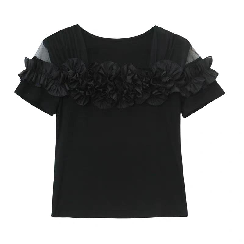 Klassisk Sommer Dame Mesh Volang Blomsterpynt Firkantet Krage Kort Ermet T-skjorte Elegant Boutique Dame Casual Topper T-skjorter