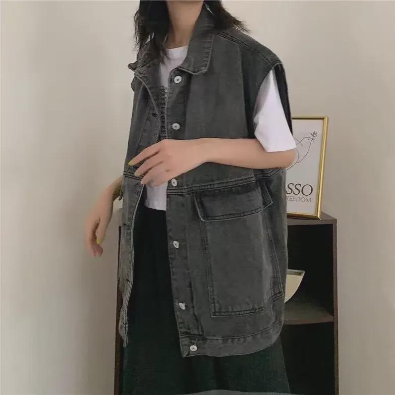 Dámské topy retro džínové vesty: Nový korejský styl, univerzální bundy bez rukávů na jaro a podzim