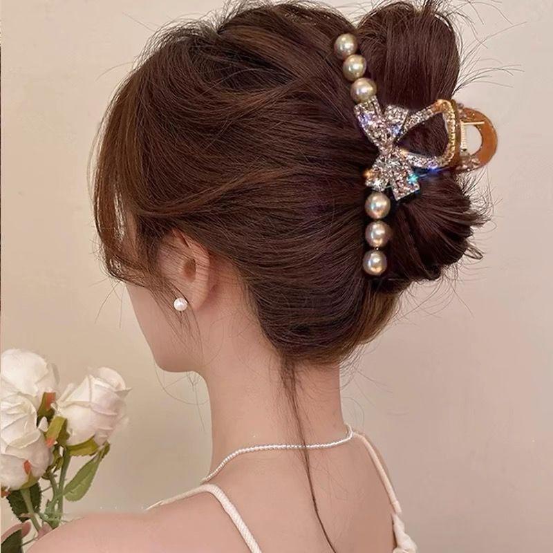 Light Luxury  High-end Sense of Flower  Pearl  Rhinestone  Clip  Female Back Head  Hair Clip  Large Hairpin  Headdress  Hairpin