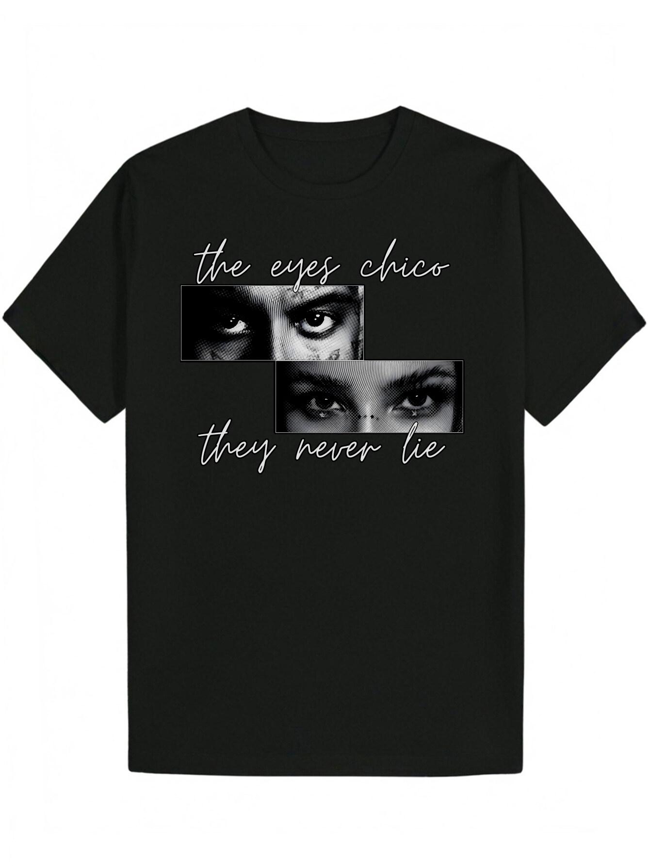 Crew Neck T-shirt - The Eyes Chico Graphic Tee with Black & White Portrait Design XXL