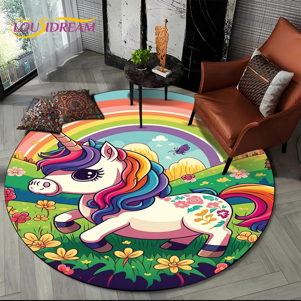 3D Cute Unicorn Cartoon Girl Gift Round Carpet Rug for Living Room Bedroom Child Playroom Decor,Pet Area Rug Non-slip Floor Mat