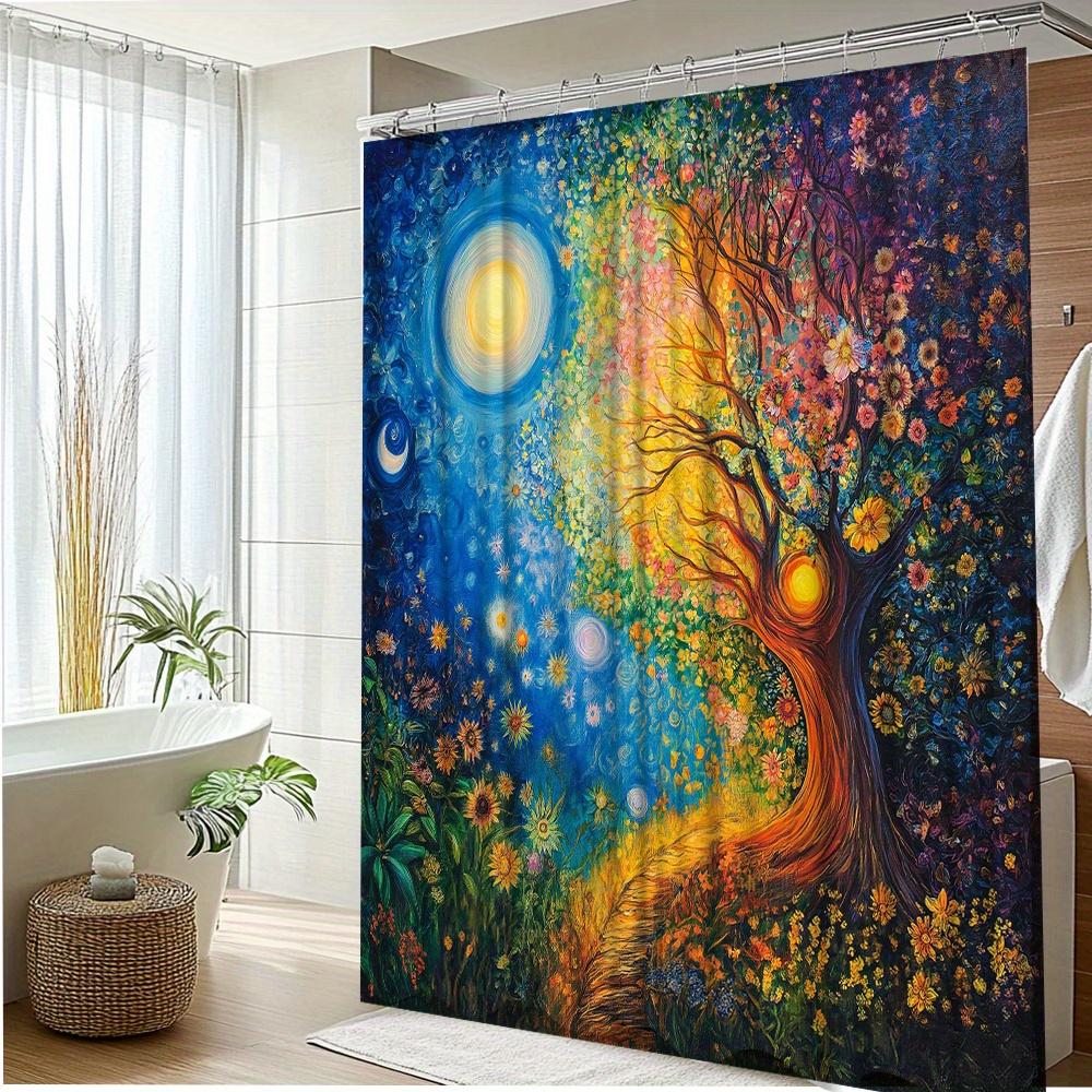 Vibrant Tree Of Life Print Waterproof Shower Curtain For Bathroom, Colorful Floral Design High-End Toilet Partition Curtain
