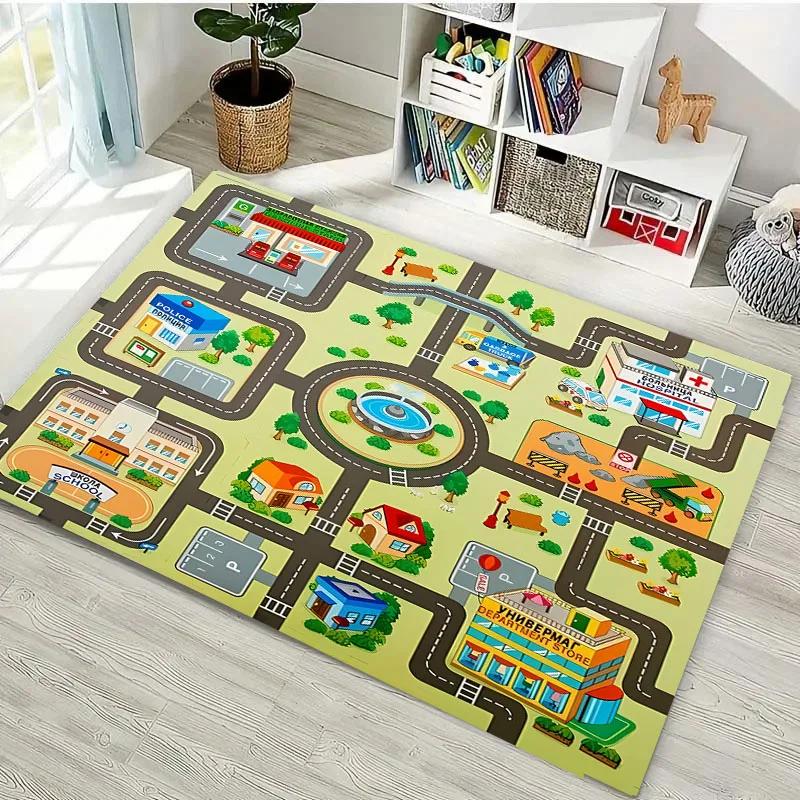 3D-Druck Kinderspielmatte Stadtverkehrskarte Großer Flächenteppich Teppich für Wohnzimmer Schlafzimmer Kinder Spielen Rutschfeste Bodendekormatte Geschenk