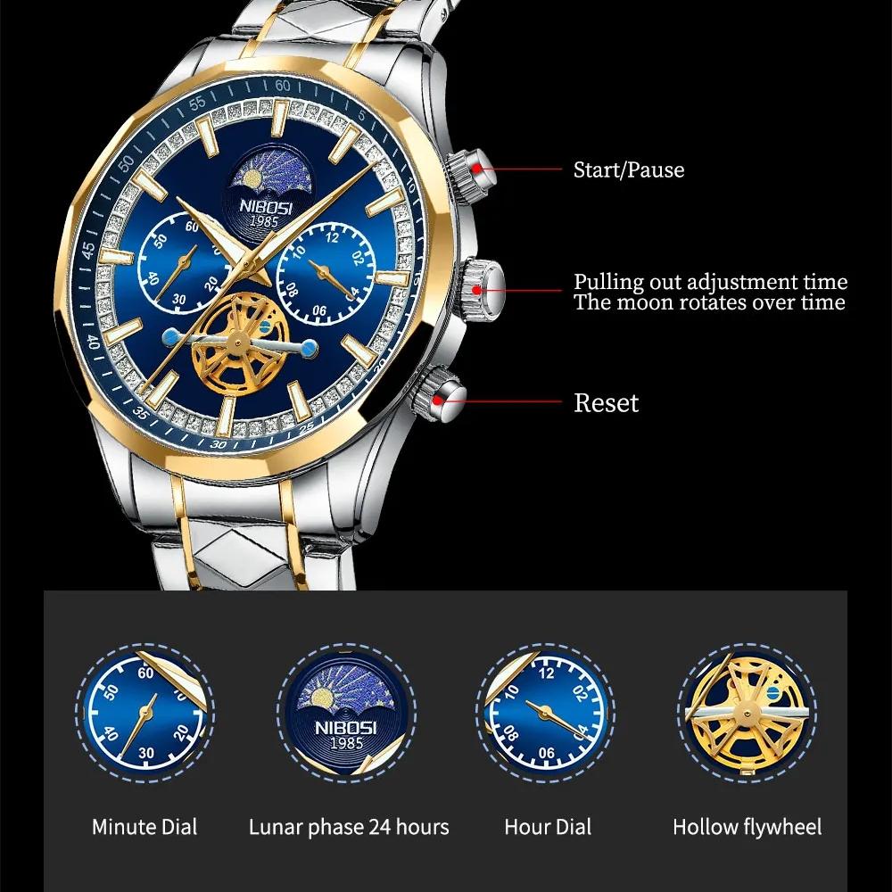 NIBOSI Star Moon Phase Watches Men Top Brand Luxury Automatic Watch for Men Luminous Waterproof Stainless Steel Quartz Clock