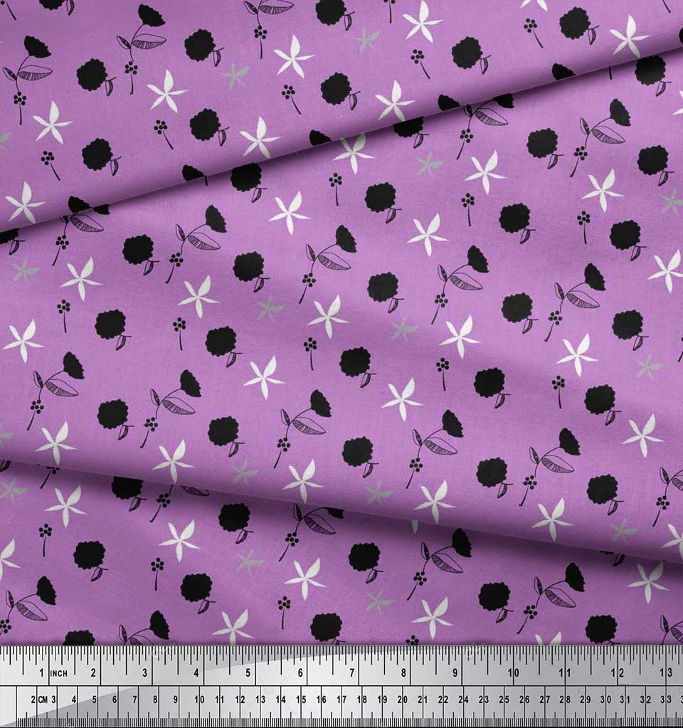 Soimoi Purple Japan Crepe Satin Fabric Black Sketch Floral Print Fabric by Metre 42 Inch
