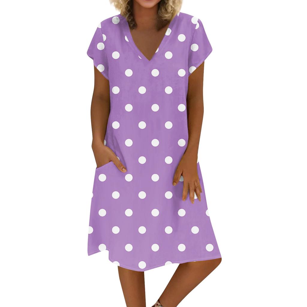Women's Summer V-neck Short Sleeve Printed Cotton And Linen Dress