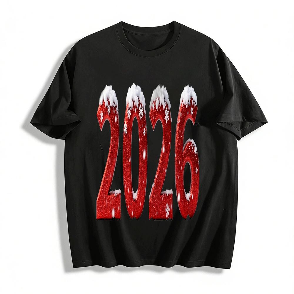 2026 New Year Themed Glitter Snow Print Casual Top Pure cotton T-shirt XXS