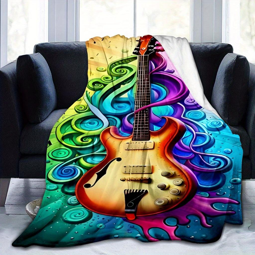 Vibrant Guitar Blanket -Soft Cozy Throw with Colorful Swirls and Music Notes,Perfect for Home Decor,Unique Gift for Music Lovers