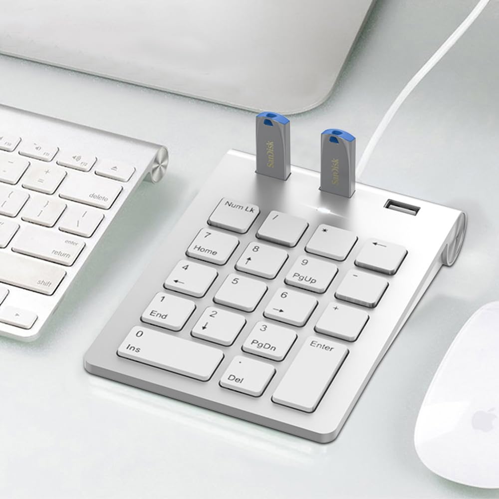 Kabelgebundenes Ziffernblock-Anschluss mit HUB USB-Hub 18 Tasten Ergonomisch Schlank Leise Mini Kompaktes Gerät Kompatibel mit Computern Typ-C/USB-A