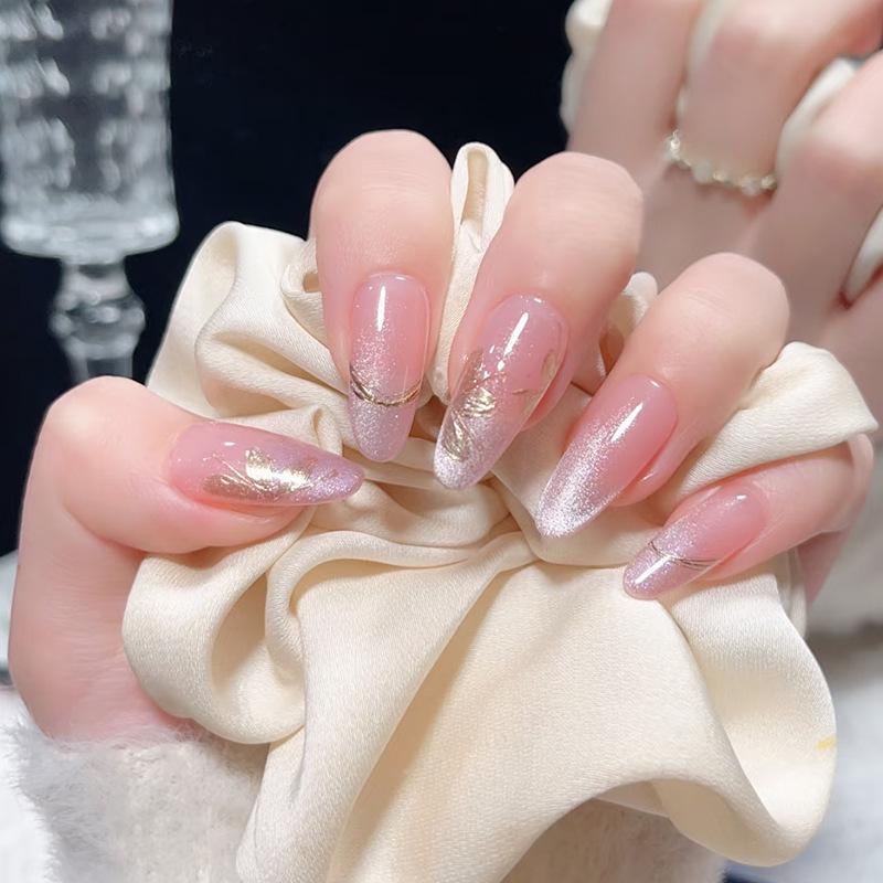 30 Pcs Pink Gold Foil Cat Eye Almond Long Nails with High-End Floral Design
