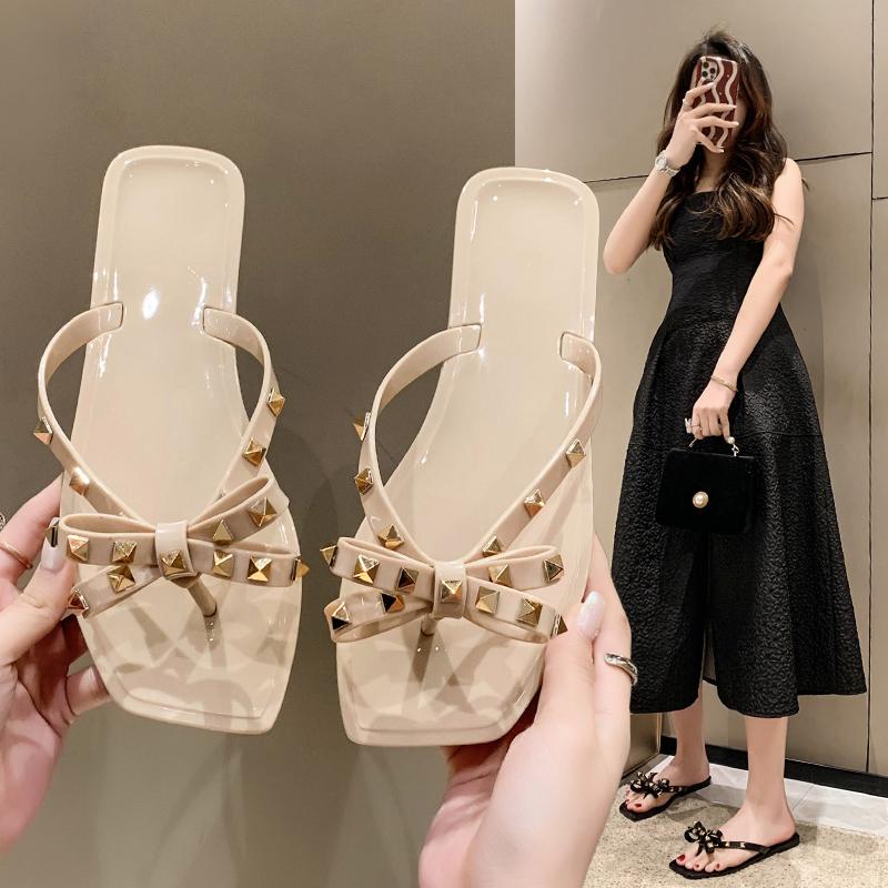 Fashion 2025 Women's New Square Head Rivet Bow Flat Bottom Slippers for  Outwear Beach Slippers and Sandals