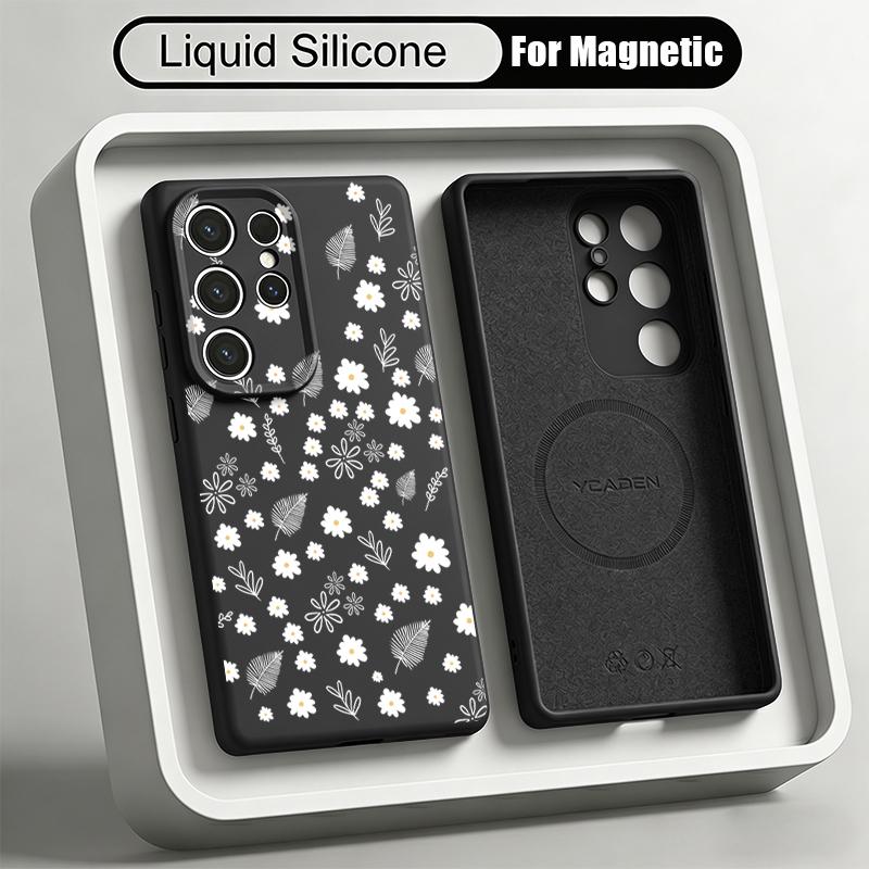Cartoon Daisies Flowers Liquid Silicone Case For Samsung S26 Ultra S25 S24 Plus S23 S22 Ultra Magnetic For Magsafe Soft Cover
