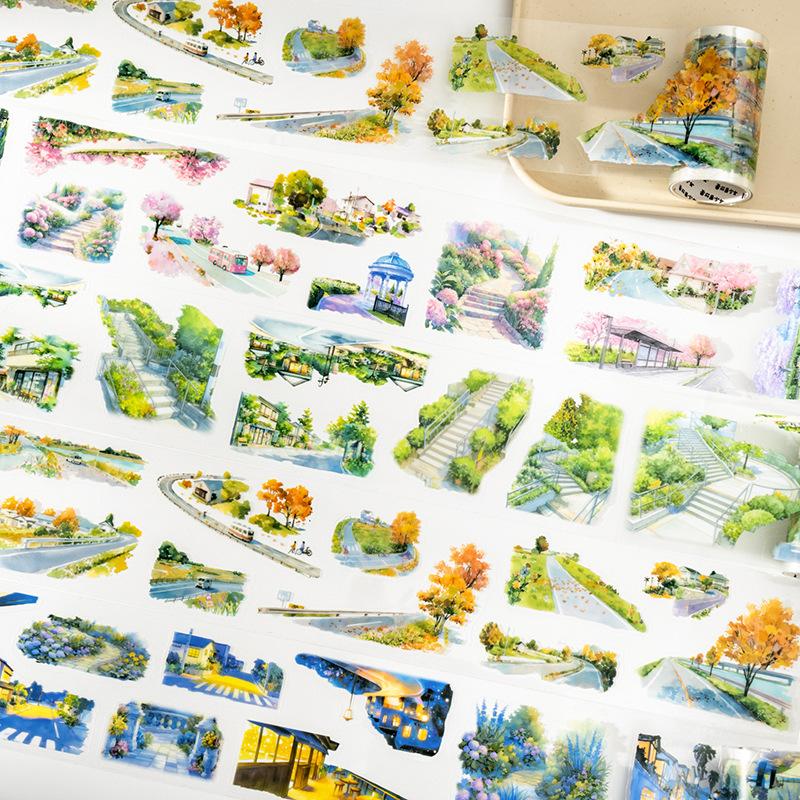 1 Roll of Waterproof Rubber Adhesive Single Sided Masking Decorative Tape with Seasonal Landscape Motifs