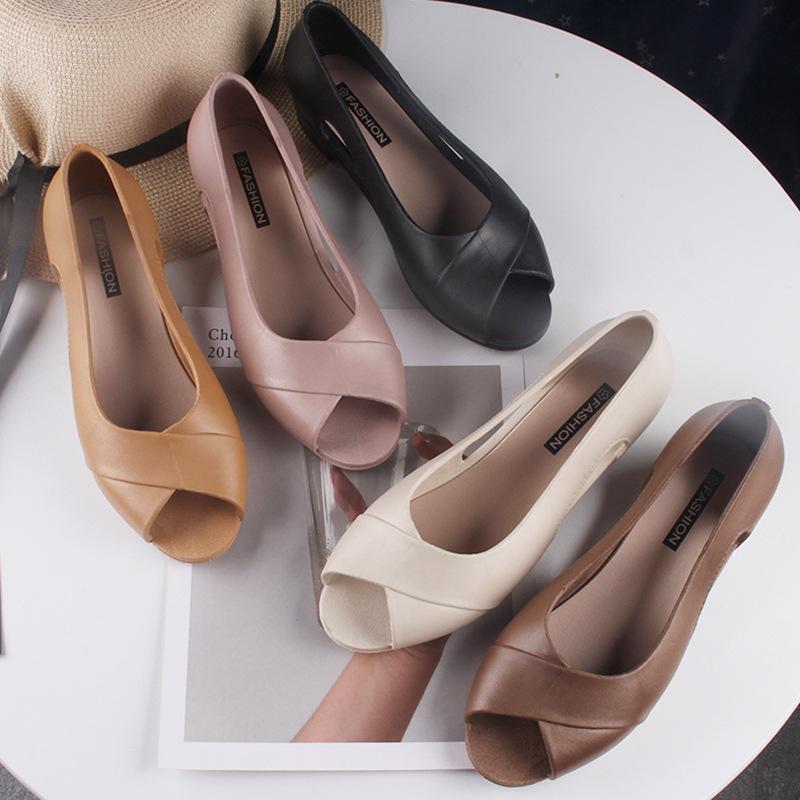 Heli shark sandals women's summer new bag heel single shoes fish mouth thick heel flat bottom casual wear solid color fashion sandals