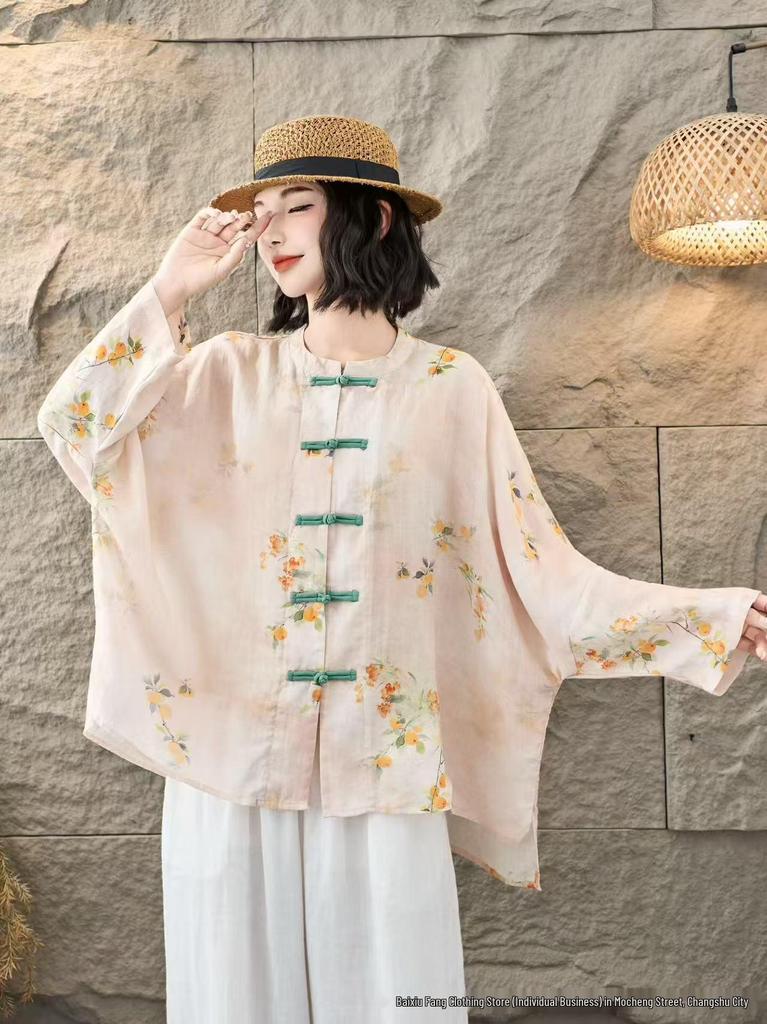 2026 Spring/Summer Women's Chinese-Style Elegant Print Stand-Up Collar Long-Sleeve Ramie Shirt