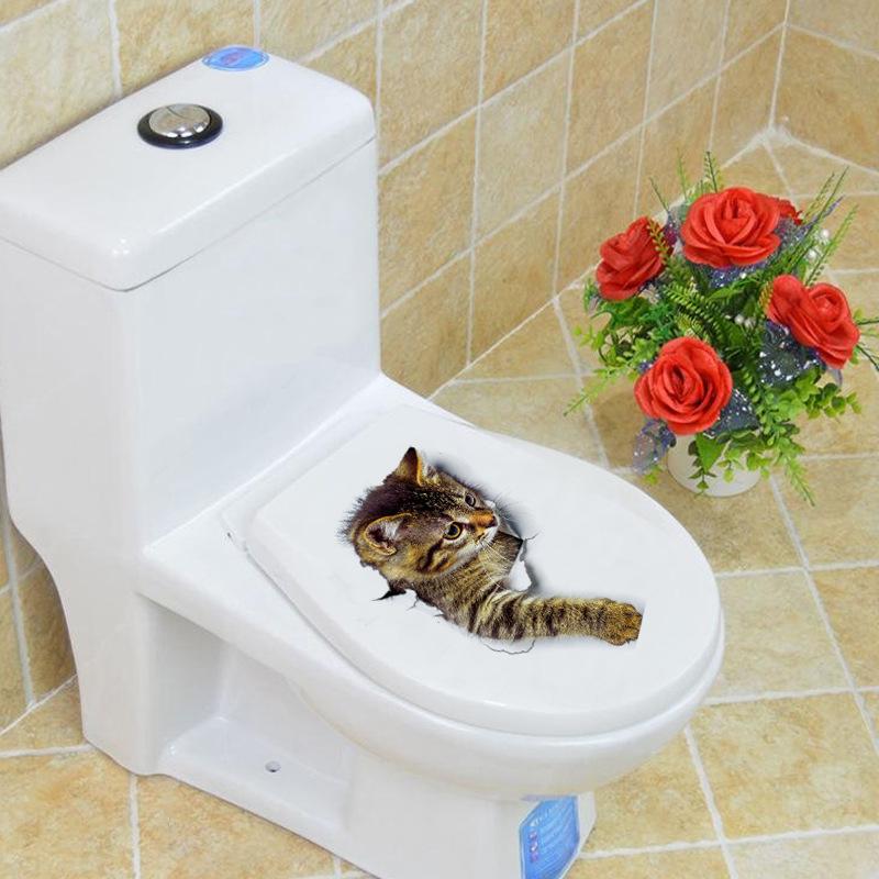 Cute Funny Cats Wall Sticker Hole View Bathroom 3D Toilet Stickers For Home Decoration Animals Decals Self-adhesive Poster