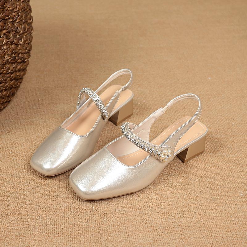 Thick heel Mary Jane bag head sandals female 2025 summer new fairy wind water diamond word with square head light mouth sandals