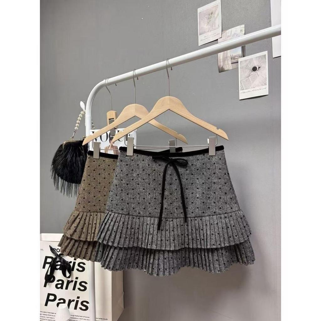 Women's Korean-Style Polka Dot Wool Skirt: Sweet, Versatile Patchwork A-Line for Autumn/Winter
