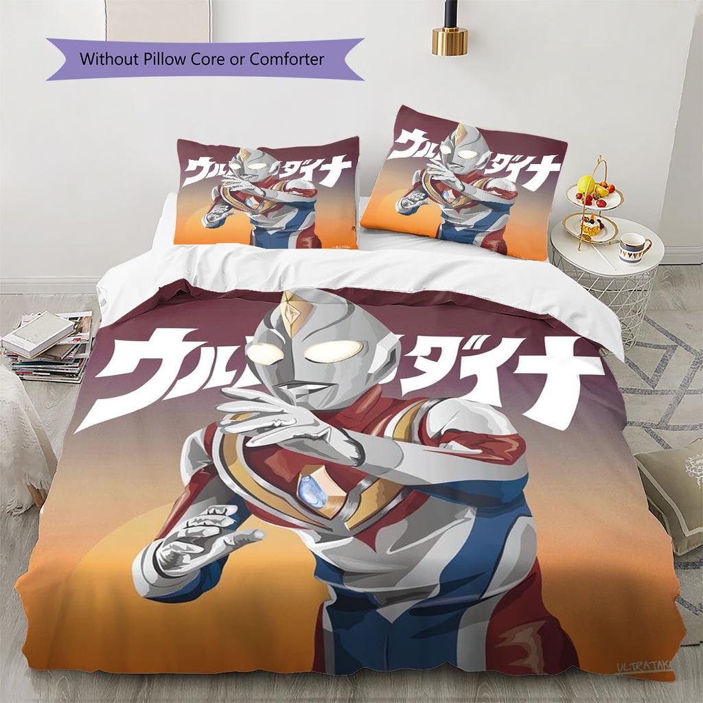 3pc Ultraman cartoon print unbleached bed sheet set(1*Duvet Cover + 2*Pillowcase, Without Core), for bedroom bedding decoration