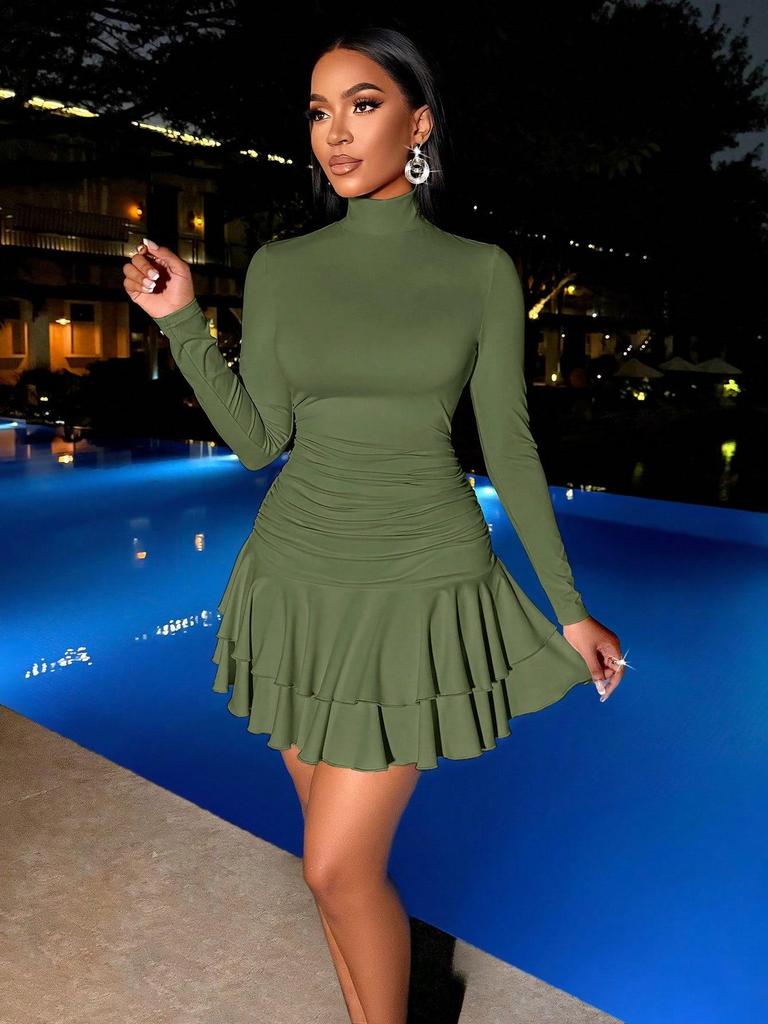 European & American High Neck Long Sleeve Casual Elastic Dress with Pleated Short Skirt