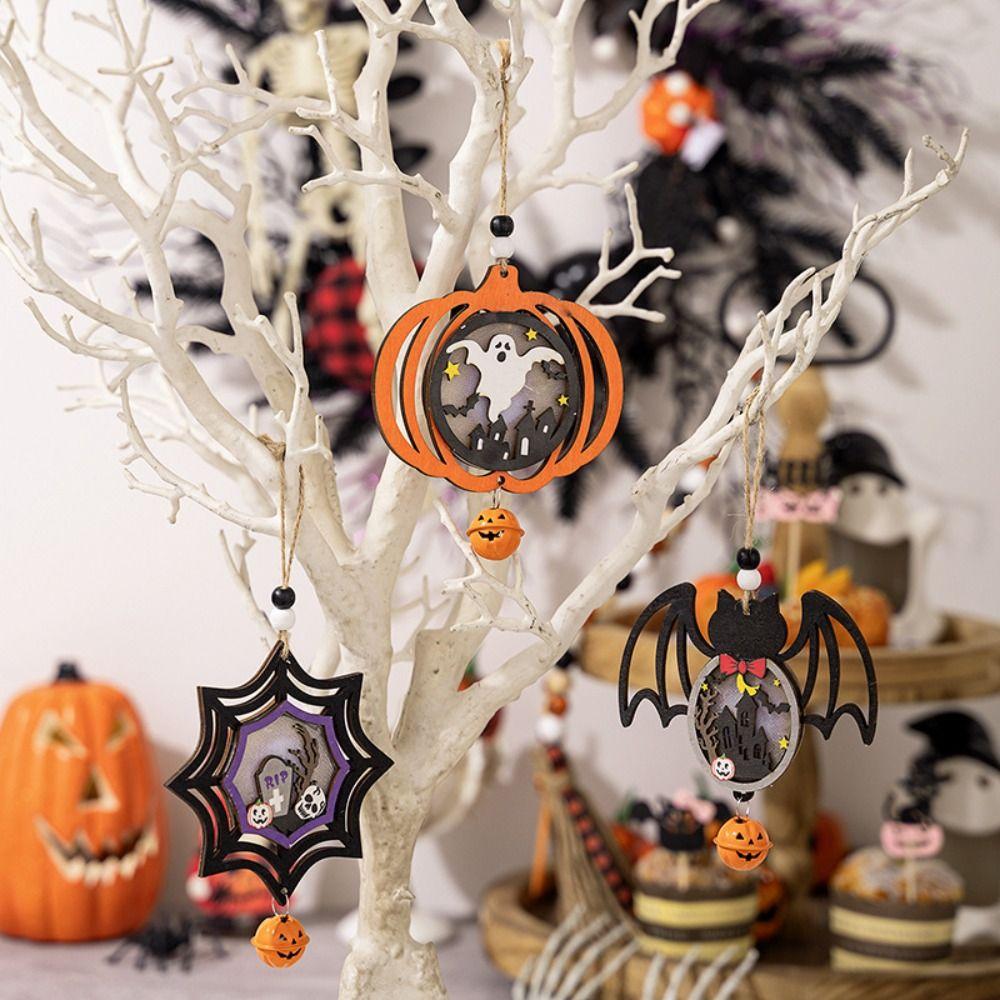 

Luminous Wooden Spider Pendants Funny Halloween Pumpkin Ornaments Ghost Festival