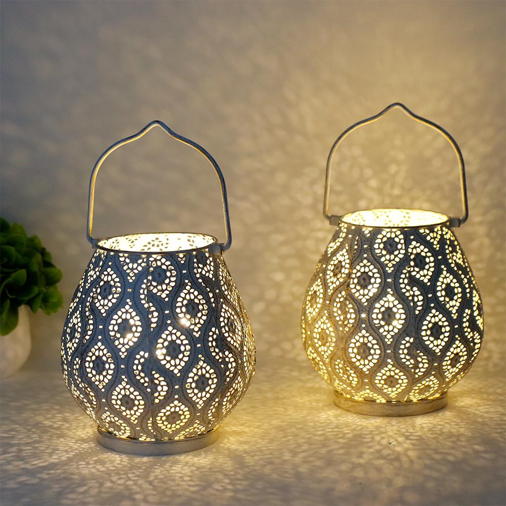 Set of Two Moroccan Style Battery Lantern White Metal Round Lamp for Holiday Decoration (2pcs)