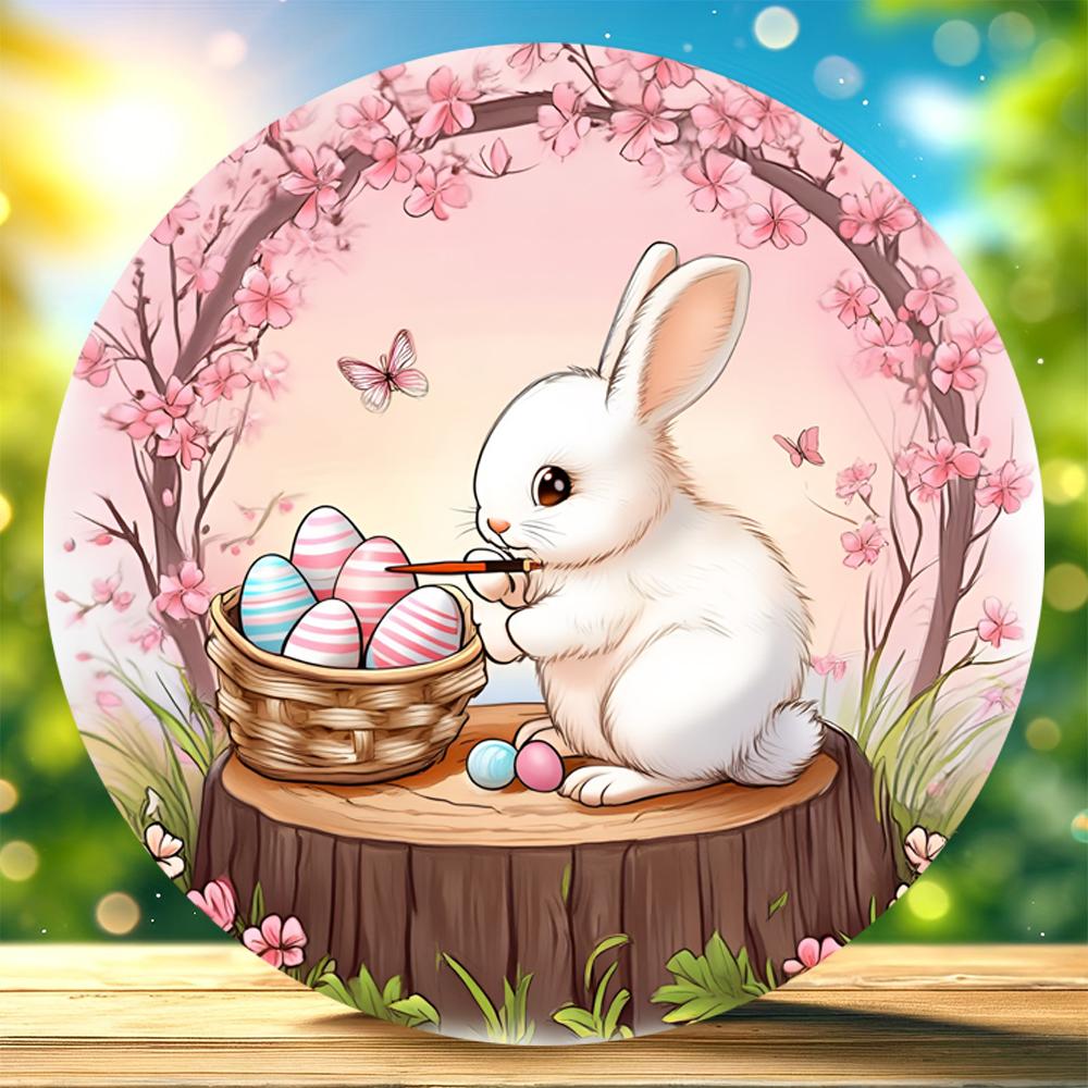 1 Piece of Farmhouse Wooden Easter Logo, 7.87 Inches X 7.87 Inches Round Sign, with Rabbits and Chickens, Festive Wall and Door