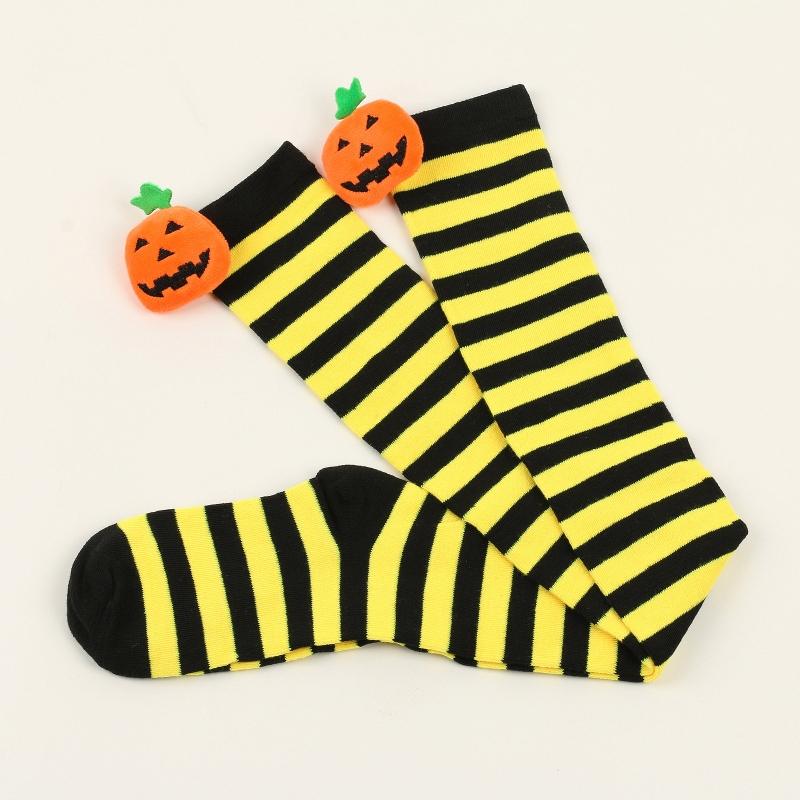 Women Halloween Over Knee Long Socks Cute 3D Wicked Evil Pumpkin Striped Print Thigh High Stockings Holiday Hosiery
