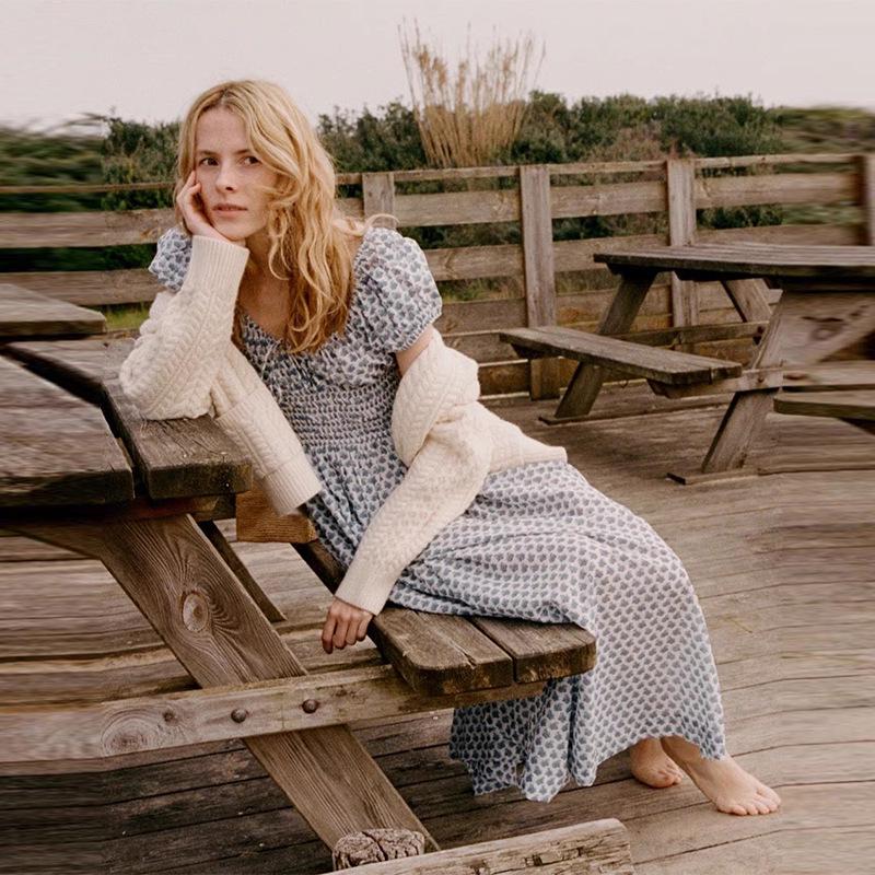 Floral Square Neck Cotton Waist-Cinching Mid-Length Dress for Vacation 2025 - French Women's Fashion