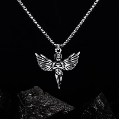 Angel With Feather Wing Pendant Necklace Stainless Steel Retro Punk Fashion Copper Color Hip Hop Rock Neck Jewelry Party Gifts