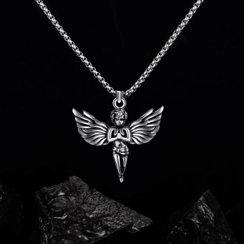 Angel With Feather Wing Pendant Necklace Stainless Steel Retro Punk Fashion Copper Color Hip Hop Rock Neck Jewelry Party Gifts