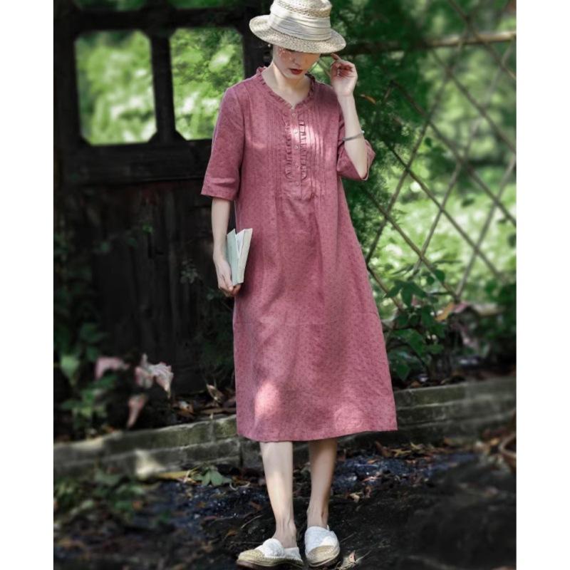 2025 summer new fungus edge floral cotton and linen dress women's retro loose short-sleeved printed medium and long dress