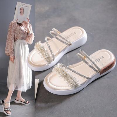 Wearing External Sandals Rhinestones Fashionable 2024 Summer New Sandals Thick Soled Sponge Cake and Taller Women's Slippers